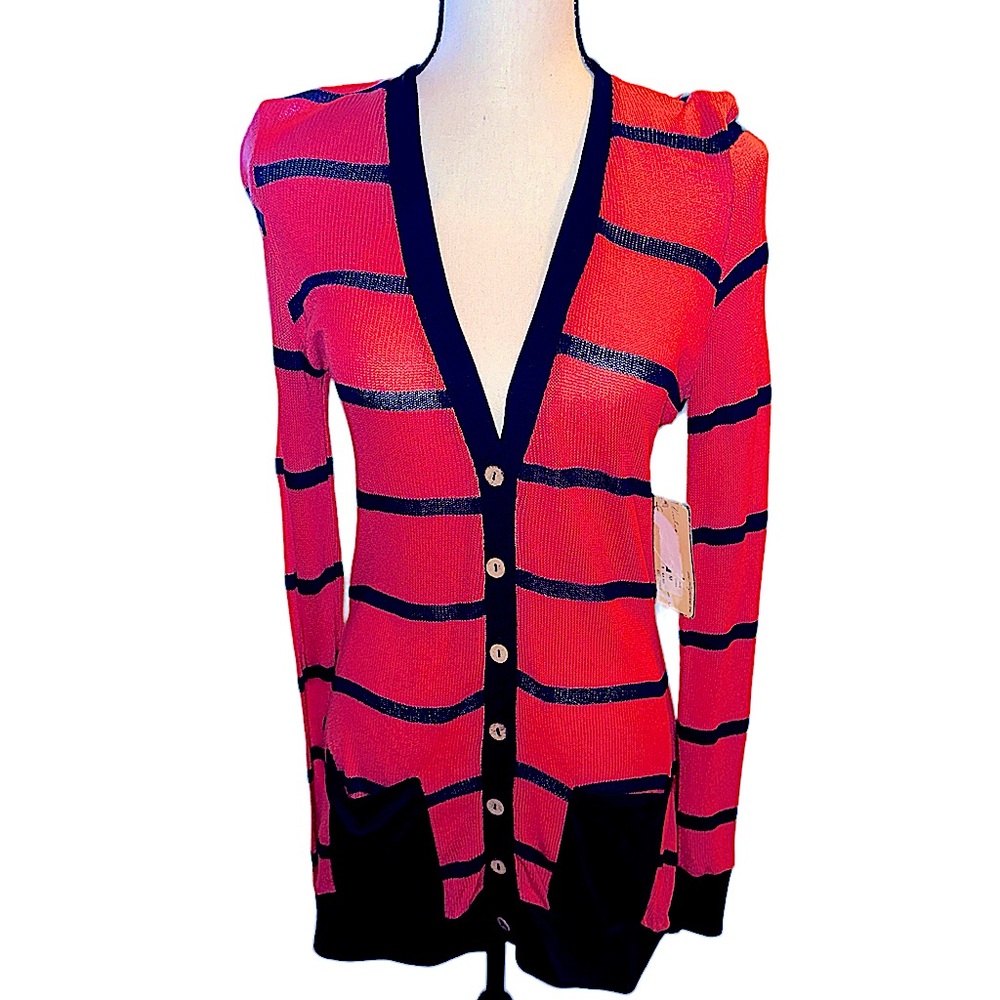 Vintage Havana Long Cardigan in Coral and Navy stripe size medium